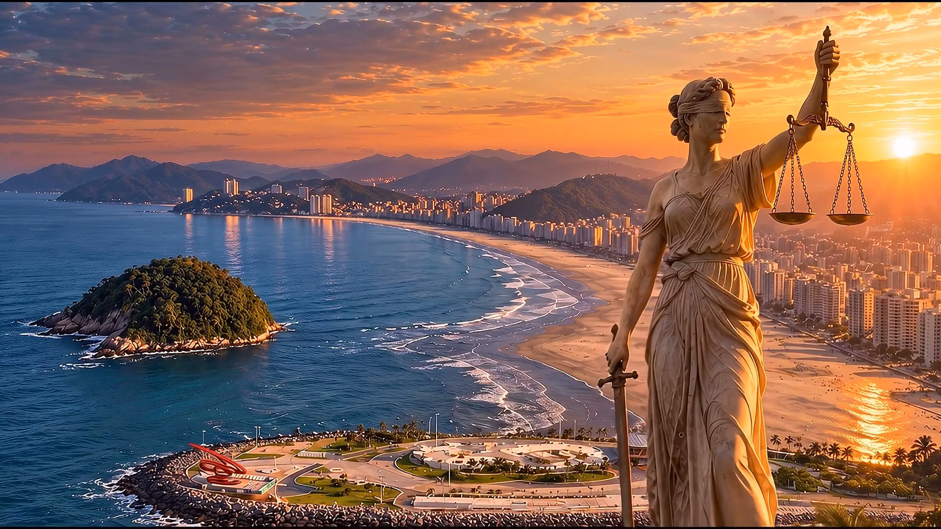 Percurso da orla de Santos pela Avenida Ana Costa até o prédio e a sala do escritório, ao anoitecer.